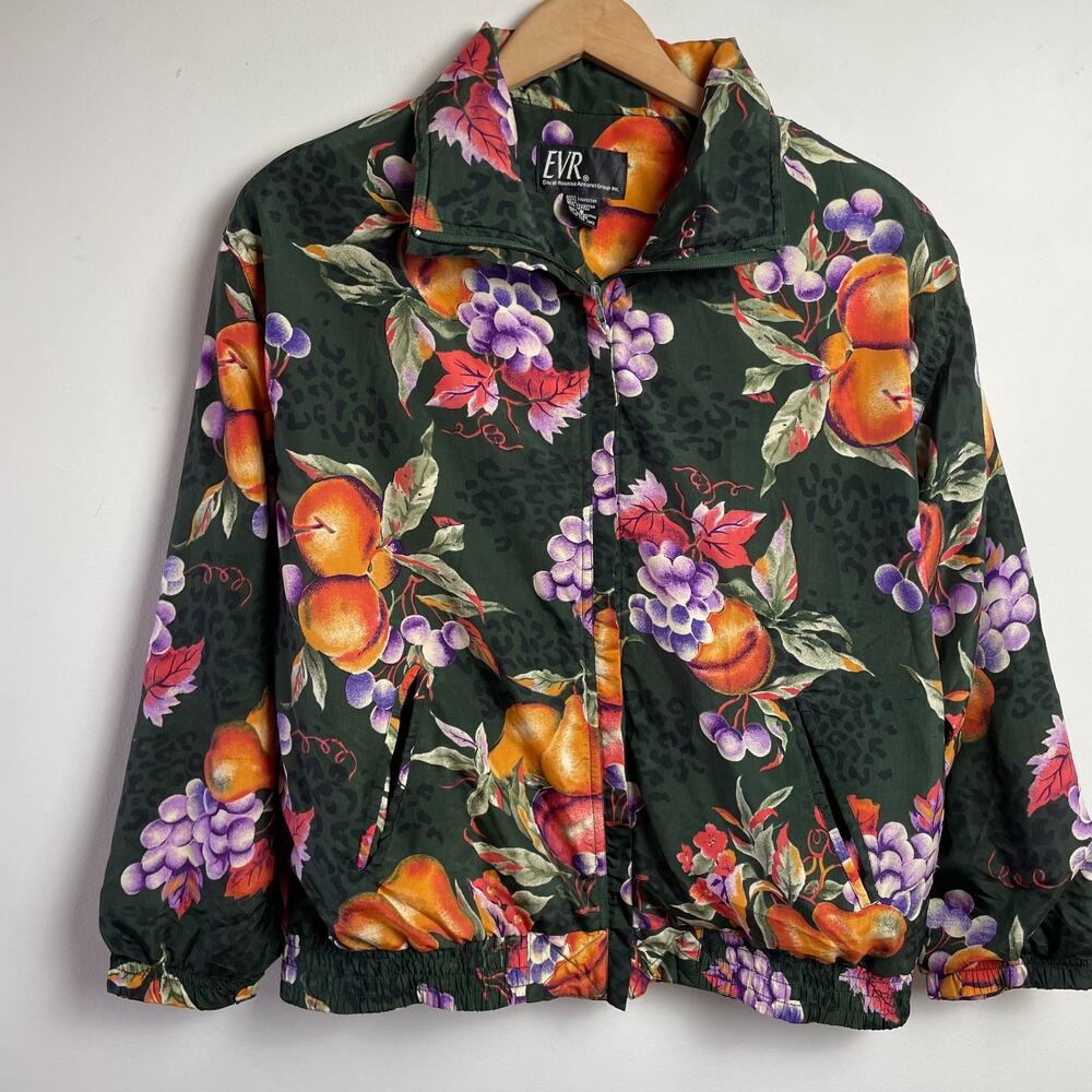 Vintage 90s Zip Front Windbreaker Jacket Sz S Statement Maximalist Grandma Fruit